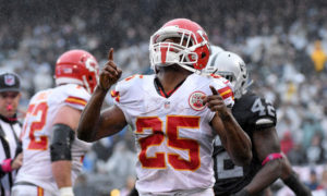 October 16, 2016 - Oakland, CA, USA - Kansas City Chiefs running back Jamaal Charles celebrates his first down to the two yard line in the first quarter against the Oakland Raiders on Sunday, Oct. 16, 2016 at O.co Coliseum in Oakland, Calif (Photo by John Sleezer/Zuma Press/Icon Sportswire)