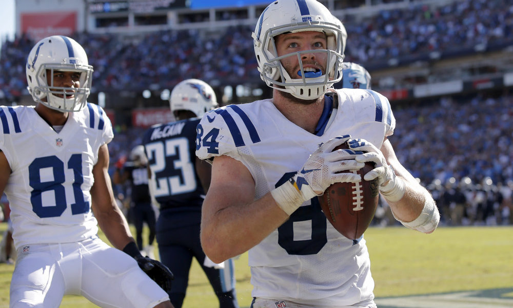 OCT 23 2016: Indianapolis Colts Tight End Jack Doyle (84) celebrates his game winning touchdown for the Colts during the NFL week 7 game between the Indianapolis Colts and the Tennessee Titans at Nissan Stadium in Nashville, TN. (Photo by Jeffrey Brown/Icon Sportswire)