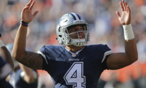 November 6, 2016 - Cleveland, OH, USA - Dallas Cowboys quarterback Dak Prescott (4) signals touchdown after running back Ezekiel Elliott (21) scores in the second quarter against the Cleveland Browns on Sunday, Nov. 6, 2016 in FirstEnergy Stadium in Cleveland, Ohio (Photo by Rodger Mallison/Zuma Press/Icon Sportswire)