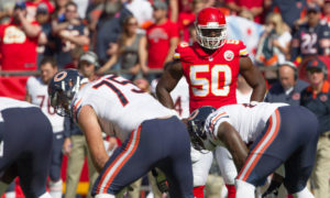 October 11, 2015: Kansas City Chiefs outside linebacker Justin Houston (50) during the NFL AFC game between the Chicago Bears and the Kansas City Chiefs at Arrowhead Stadium in Kansas City, Missouri
