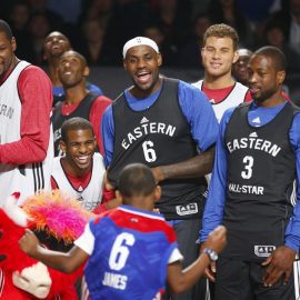 NBA All-Stars Durant, Paul, James, Griffin and Wade watch a fan dance contest during practice for the NBA All-Star basketball game in Houston