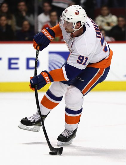 CHICAGO, IL - MARCH 03: John Tavares #91 of the New York Islanders shoots against the Chicago Blackhawks at the United Center on March 3, 2017 in Chicago, Illinois. The Blackhawks defeated the Islanders 2-1 in a shootout. (Photo by Jonathan Daniel/Getty Images)