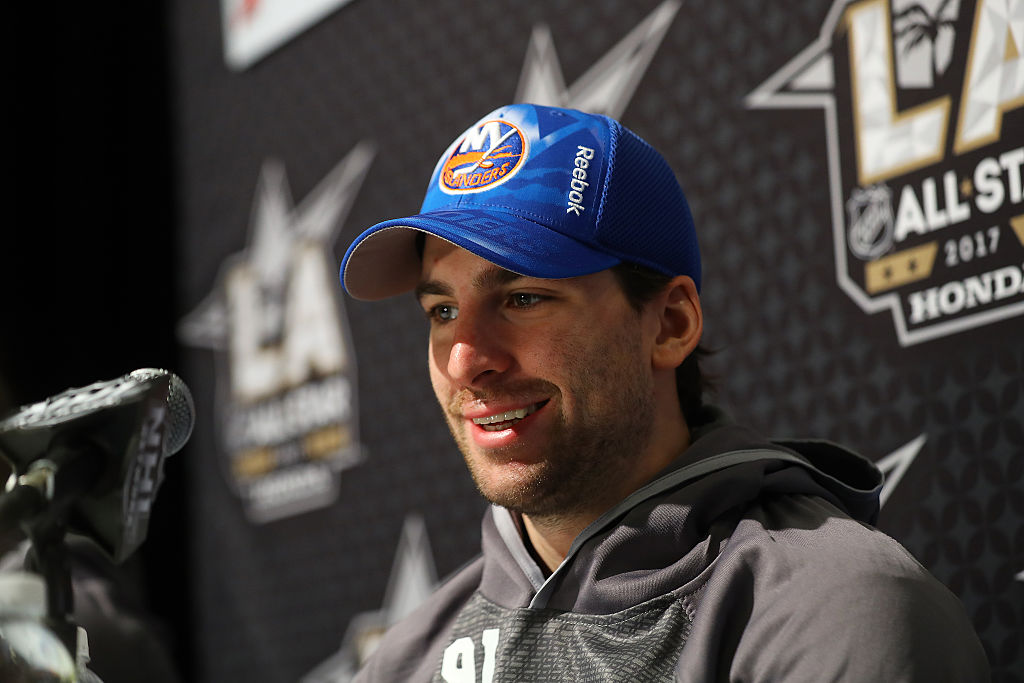 LOS ANGELES, CA - JANUARY 28: John Tavares #91 of the New York Islanders speaks to the media during 2017 NHL All-Star Media Day as part of the 2017 NHL All-Star Weekend at the JW Marriott on January 28, 2017 in Los Angeles, California. (Photo by Bruce Bennett/Getty Images)