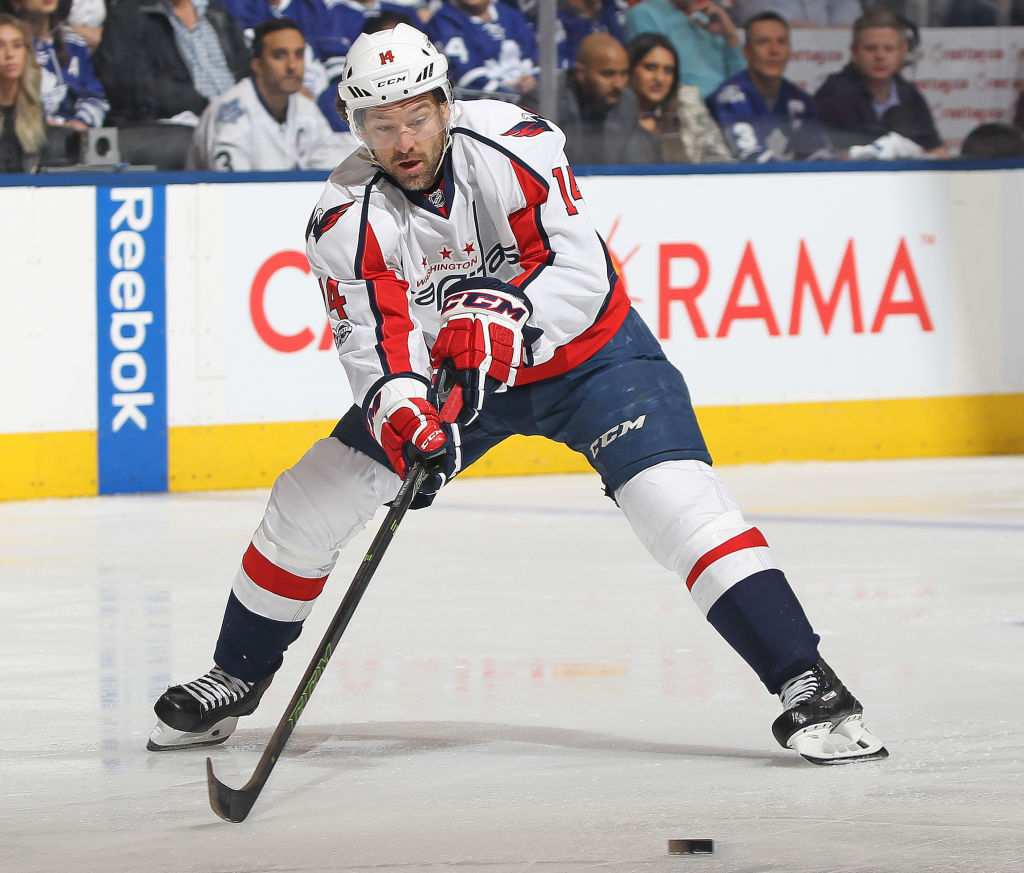 TORONTO,ON - APRIL 23: Justin Williams #14 of the Washington Capitals skates with the puck against the Toronto Maple Leafs in Game Six of the Eastern Conference Quarterfinals during the 2017 NHL Stanley Cup Playoffs at the Air Canada Centre on April 23, 2017 in Toronto, Ontario, Canada. The Capitals defeated the Maple Leafs 2-1 in overtime to win series 4-2. (Photo by Claus Andersen/Getty Images)