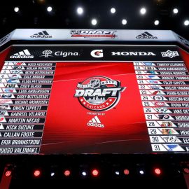 CHICAGO, IL - JUNE 23: A general view of the draft board after the first round of the 2017 NHL Draft at the United Center on June 23, 2017 in Chicago, Illinois. (Photo by Bruce Bennett/Getty Images)