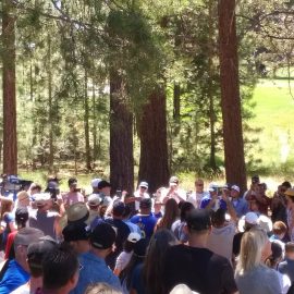 Here Steph was in the middle of the gallery looking to get his ball on to the fairway