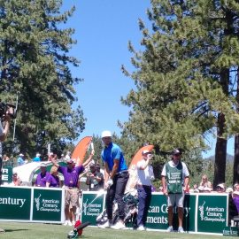 Steph about to draw back his club to strike the ball a 17