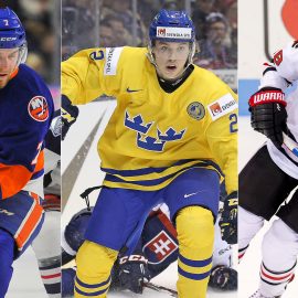 Devon Toews, Sebastian Aho and John Stevens