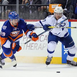 NEW YORK, NY - MAY 03: Brock Nelson #29 of the New York Islanders and Jonathan Drouin #27 of the Tampa Bay Lightning battle for the puck during the first period in Game Three of the Eastern Conference Second Round during the 2016 NHL Stanley Cup Playoffs at the Barclays Center on May 03, 2016 in the Brooklyn borough of New York City. (Photo by Bruce Bennett/Getty Images)