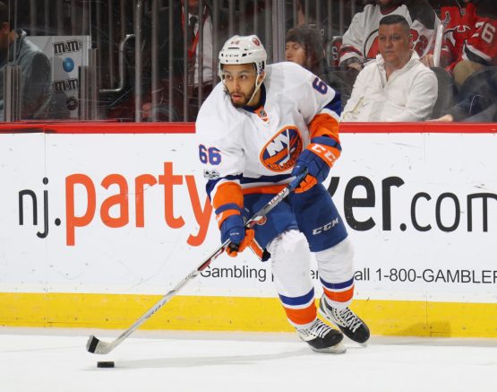 NEWARK, NJ - APRIL 08: Joshua Ho-Sang #66 of the New York Islanders skates against the New Jersey Devils at the Prudential Center on April 8, 2017 in Newark, New Jersey. The Islanders defeated the Devils 4-2. (Photo by Bruce Bennett/Getty Images)