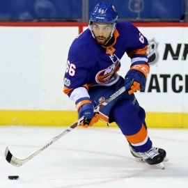 NEW YORK, NY - OCTOBER 07: Joshua Ho-Sang #66 of the New York Islanders passes the puck against the Buffalo Sabres in the first period at Barclays Center on October 7, 2017 in the Brooklyn Borough of New York City. (Photo by Abbie Parr/Getty Images)