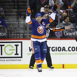 NEW YORK, NY - OCTOBER 24: John Tavares #91 of the New York Islanders celebrates his third goal of the game against the Arizona Coyotes at 12:41 of the third period at the Barclays Center on October 24, 2017 in the Brooklyn borough of New York City. (Photo by Bruce Bennett/Getty Images)