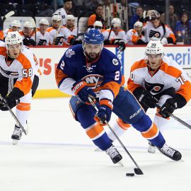 EW YORK, NY - SEPTEMBER 21: Nick Leddy #2 of the New York Islanders skates against the Philadelphia Flyers during a preseason game at the Barclays Center on September 21, 2015 in the Brooklyn borough of New York City. The Islanders defeated the Devils 3-2. (Photo by Bruce Bennett/Getty Images)