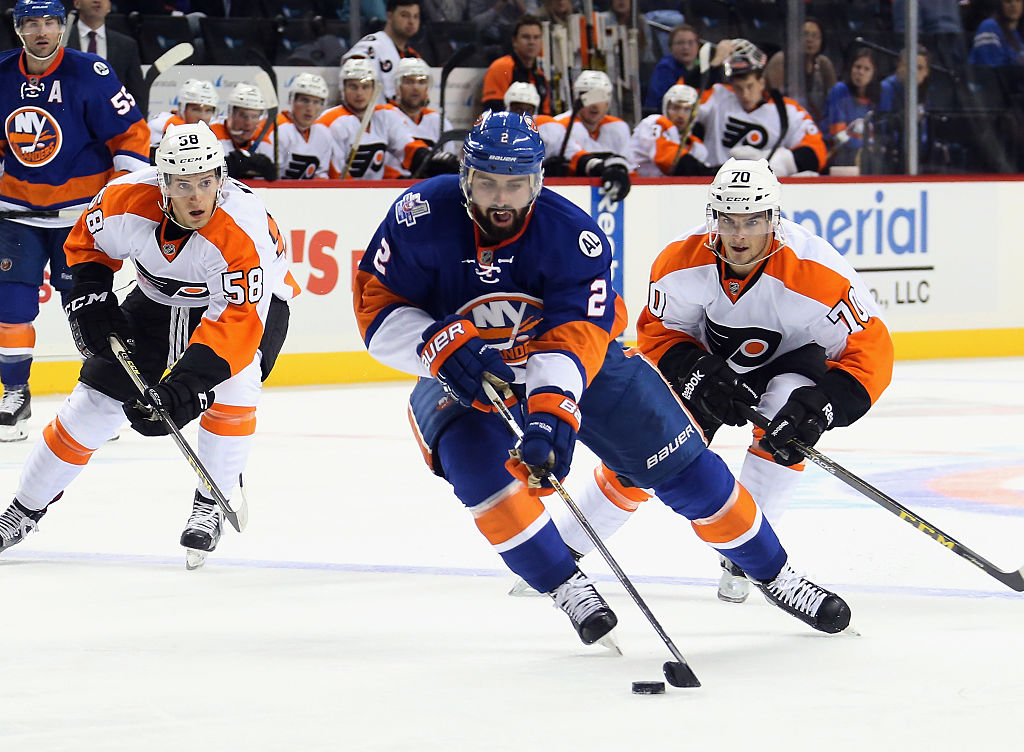 EW YORK, NY - SEPTEMBER 21: Nick Leddy #2 of the New York Islanders skates against the Philadelphia Flyers during a preseason game at the Barclays Center on September 21, 2015 in the Brooklyn borough of New York City. The Islanders defeated the Devils 3-2. (Photo by Bruce Bennett/Getty Images)