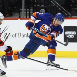 NEW YORK, NY - SEPTEMBER 25: Casey Cizikas #53 of the New York Islanders skates against the New Jersey Devils during a preseason game at the Barclays Center on September 25, 2017 in the Brooklyn borough of New York City. The Islanders shut out the Devils 3-0. (Photo by Bruce Bennett/Getty Images)