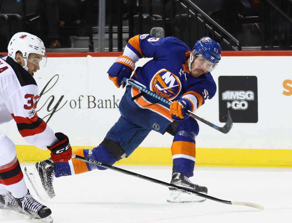 NEW YORK, NY - SEPTEMBER 25: Casey Cizikas #53 of the New York Islanders skates against the New Jersey Devils during a preseason game at the Barclays Center on September 25, 2017 in the Brooklyn borough of New York City. The Islanders shut out the Devils 3-0. (Photo by Bruce Bennett/Getty Images)
