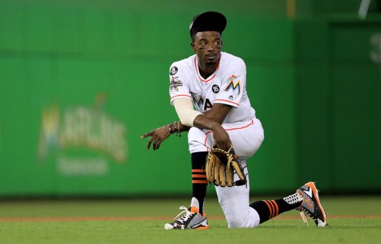 during a game at Marlins Park on October 1, 2017 in Miami, Florida.