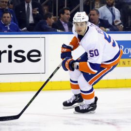 NEW YORK, NY - OCTOBER 19: Adam Pelech #50 of the New York Islanders skates against the New York Rangers at Madison Square Garden on October 19, 2017 in New York City. The Islanders defeated the Rangers 4-3 in the shootout. (Photo by Bruce Bennett/Getty Images)