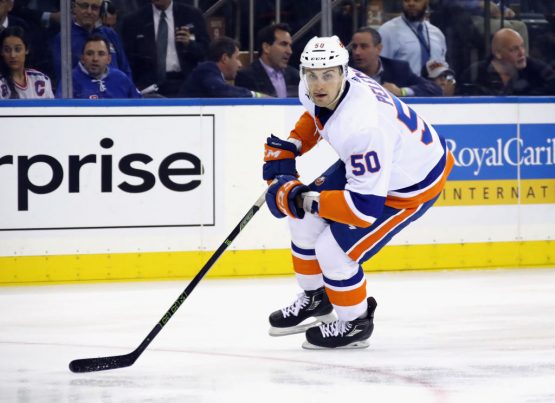 NEW YORK, NY - OCTOBER 19: Adam Pelech #50 of the New York Islanders skates against the New York Rangers at Madison Square Garden on October 19, 2017 in New York City. The Islanders defeated the Rangers 4-3 in the shootout. (Photo by Bruce Bennett/Getty Images)