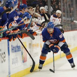 NEW YORK, NY - NOVEMBER 07: Nikolay Kulemin #86 of the New York Islanders is injured on a second period check by Eric Gryba #62 of the Edmonton Oilers at the Barclays Center on November 7, 2017 in the Brooklyn borough of New York City. (Photo by Bruce Bennett/Getty Images)