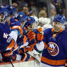 NEW YORK, NY - NOVEMBER 28: Jordan Eberle #7 of the New York Islanders celebrates his goal at 17:42 of the first period against the Vancouver Canucks at the Barclays Center on November 28, 2017 in the Brooklyn borough of New York City. (Photo by Bruce Bennett/Getty Images)