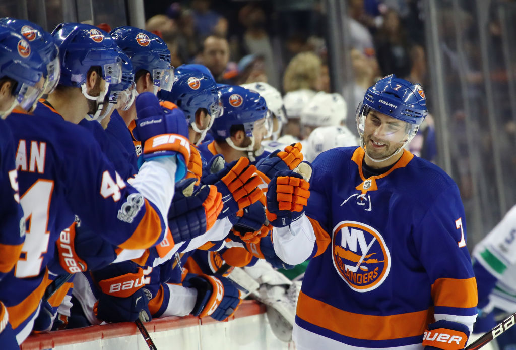 NEW YORK, NY - NOVEMBER 28: Jordan Eberle #7 of the New York Islanders celebrates his goal at 17:42 of the first period against the Vancouver Canucks at the Barclays Center on November 28, 2017 in the Brooklyn borough of New York City. (Photo by Bruce Bennett/Getty Images)