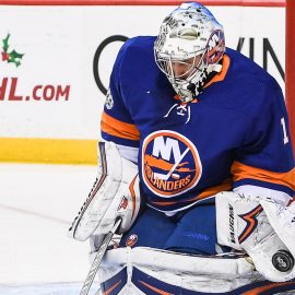 Dec 13, 2017; Brooklyn, NY, USA; New York Islanders goalie Thomas Greiss (1) makes a save against the Dallas Stars during the third period at Barclays Center. Mandatory Credit: Dennis Schneidler-USA TODAY Sports