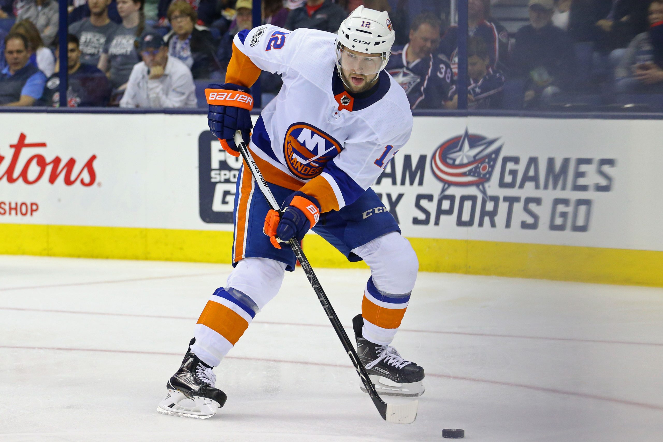 Oct 6, 2017; Columbus, OH, USA; New York Islanders right wing Josh Bailey (12) against the Columbus Blue Jackets at Nationwide Arena. Mandatory Credit: Aaron Doster-USA TODAY Sports
