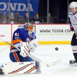 Dec 11, 2017; Brooklyn, NY, USA; New York Islanders goalie Jaroslav Halak (41) makes a save in front of Washington Capitals center Nicklas Backstrom (19) during the third period at Barclays Center. Mandatory Credit: Brad Penner-USA TODAY Sports