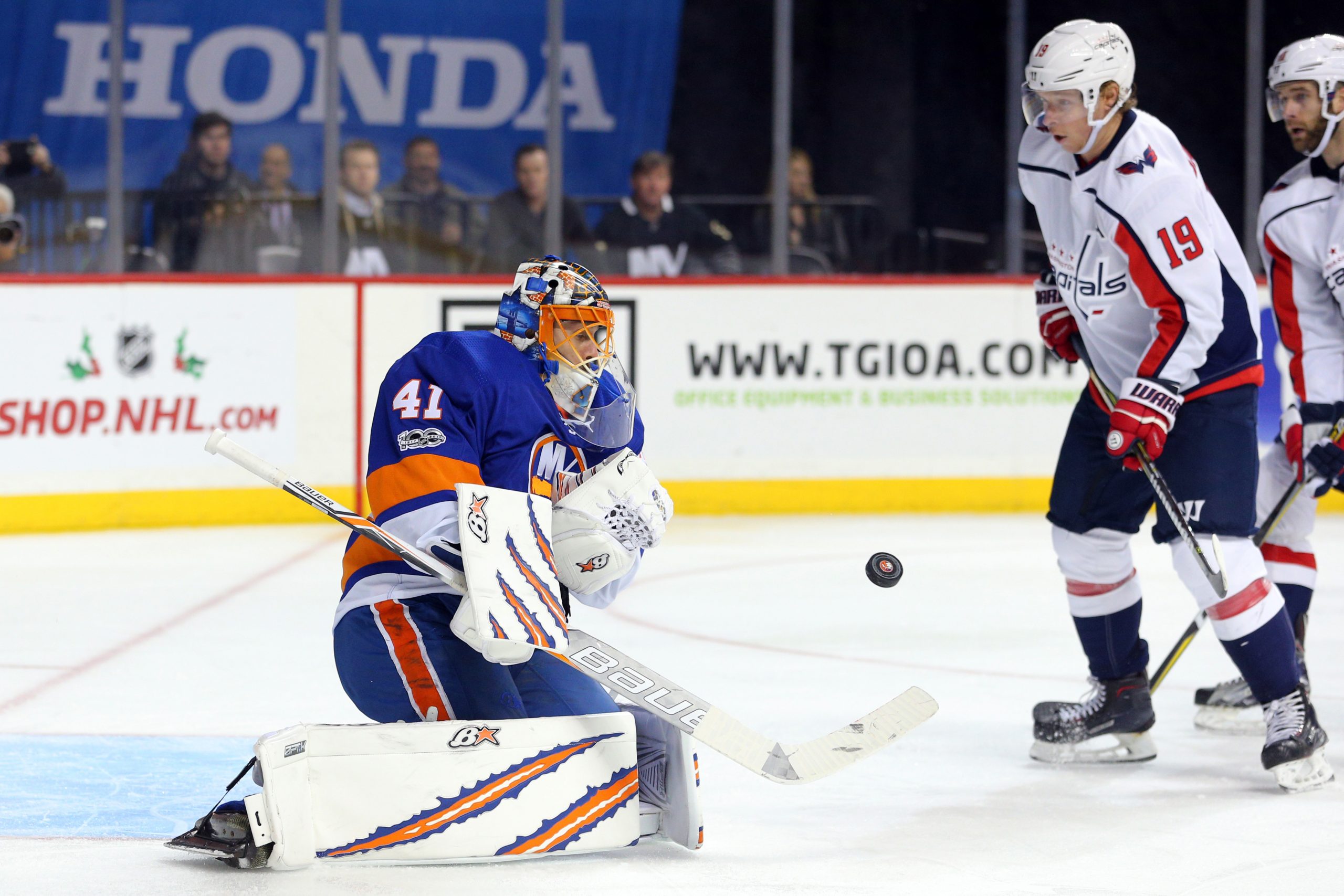 Dec 11, 2017; Brooklyn, NY, USA; New York Islanders goalie Jaroslav Halak (41) makes a save in front of Washington Capitals center Nicklas Backstrom (19) during the third period at Barclays Center. Mandatory Credit: Brad Penner-USA TODAY Sports