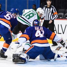 Dec 13, 2017; Brooklyn, NY, USA; Dallas Stars center Tyler Pitlick (18) scored a goal past New York Islanders goalie Jaroslav Halak (41) during the first period at Barclays Center. Mandatory Credit: Dennis Schneidler-USA TODAY Sports