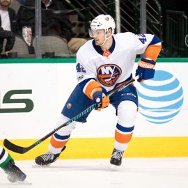 Nov 10, 2017; Dallas, TX, USA; New York Islanders defenseman Scott Mayfield (42) skates against the Dallas Stars during the game at the American Airlines Center. The Stars shut out the Islanders 5-0. Mandatory Credit: Jerome Miron-USA TODAY Sports