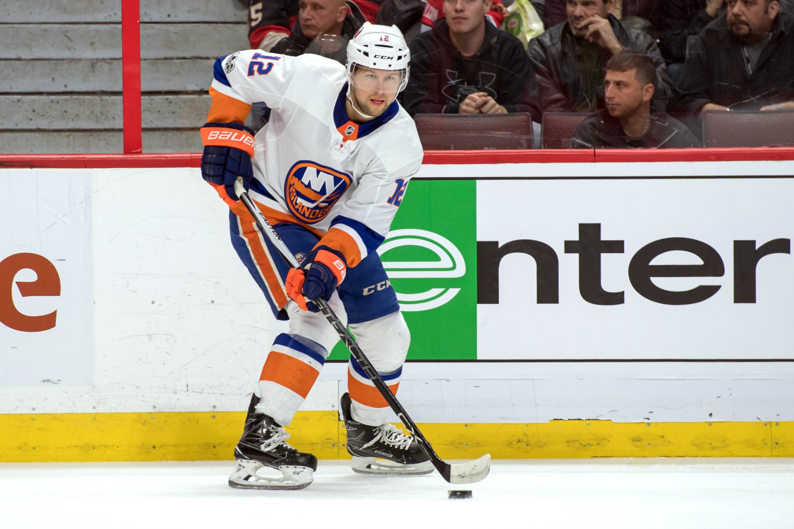 Nov 25, 2017; Ottawa, Ontario, CAN; New York Islanders right wing Josh Bailey (12) skates with the puck in the first period against the Ottawa Senators at Canadian Tire Centre. Mandatory Credit: Marc DesRosiers-USA TODAY Sports