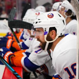 Nov 19, 2017; Raleigh, NC, USA; New York Islanders forward Andrew Ladd (16) looks on from the players bench against the Carolina Hurricanes at PNC Arena. The Carolina Hurricanes defeated the New York Islanders 4-2. Mandatory Credit: James Guillory-USA TODAY Sports