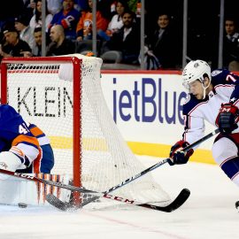 Feb 13, 2018; Brooklyn, NY, USA; New York Islanders goaltender Jaroslav Halak (41) makes a save on a wrap around shot by Columbus Blue Jackets right wing Josh Anderson (77) during the first period at Barclays Center. Mandatory Credit: Andy Marlin-USA TODAY Sports