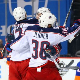 Feb 13, 2018; Brooklyn, NY, USA; Columbus Blue Jackets center Brandon Dubinsky (17) is congratulated by his teammates after scoring a goal against the New York Islanders during the third period at Barclays Center. Mandatory Credit: Andy Marlin-USA TODAY Sports