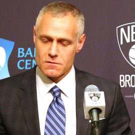 Mar 24, 2016; Brooklyn, NY, USA; Brett Yormark CEO of Brooklyn Sports and Entertainment (L), Sean Marks general manager of the Brooklyn Nets (C), and Malcom Turner President, NBA Development League (R) talk at a press conference announcing the Long Island Nets D League team before the game against the Cleveland Cavaliers at Barclays Center. Mandatory Credit: Anthony Gruppuso-USA TODAY Sports