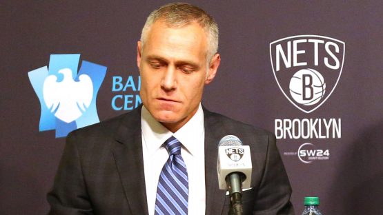 Mar 24, 2016; Brooklyn, NY, USA; Brett Yormark CEO of Brooklyn Sports and Entertainment (L), Sean Marks general manager of the Brooklyn Nets (C), and Malcom Turner President, NBA Development League (R) talk at a press conference announcing the Long Island Nets D League team before the game against the Cleveland Cavaliers at Barclays Center. Mandatory Credit: Anthony Gruppuso-USA TODAY Sports