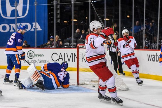 Mar 18, 2018; Brooklyn, NY, USA; Carolina Hurricanes right wing Lee Stempniak (21) celebrates his goal against the New York Islanders during the first period at Barclays Center. Mandatory Credit: Dennis Schneidler-USA TODAY Sports