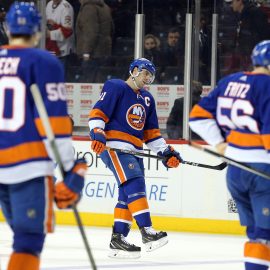 Mar 26, 2018; Brooklyn, NY, USA; New York Islanders center John Tavares (91) reacts as he skates off the ice after losing to the Florida Panthers at Barclays Center. Mandatory Credit: Brad Penner-USA TODAY Sports