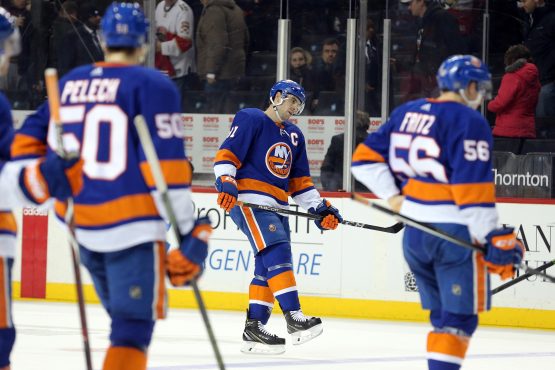 Mar 26, 2018; Brooklyn, NY, USA; New York Islanders center John Tavares (91) reacts as he skates off the ice after losing to the Florida Panthers at Barclays Center. Mandatory Credit: Brad Penner-USA TODAY Sports