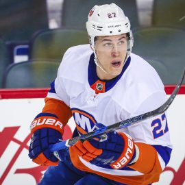 Mar 11, 2018; Calgary, Alberta, CAN; New York Islanders left wing Anders Lee (27) skates during the warmup period against the Calgary Flames at Scotiabank Saddledome. Mandatory Credit: Sergei Belski-USA TODAY Sports