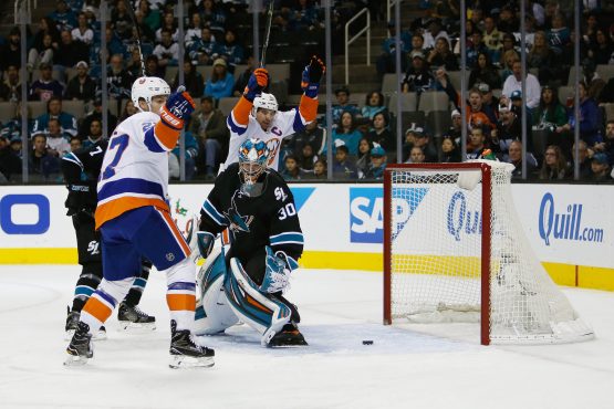 Nov 25, 2016; San Jose, CA, USA; New York Islanders left wing Anders Lee (27) and center John Tavares (91) celebrate in the first period of the game against San Jose Sharks at SAP Center at San Jose. Mandatory Credit: Stan Szeto-USA TODAY Sports