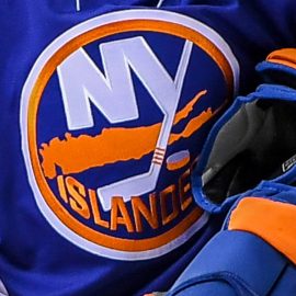Feb 5, 2018; Brooklyn, NY, USA; New York Islanders center Mathew Barzal (13) stands for the Nation Anthem before the game against the Nashville Predators at Barclays Center. Mandatory Credit: Dennis Schneidler-USA TODAY Sports