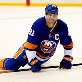 Feb 13, 2018; Brooklyn, NY, USA; New York Islanders center John Tavares (91) stretches during pregame warmups prior to the game against the Columbus Blue Jackets at Barclays Center. Mandatory Credit: Andy Marlin-USA TODAY Sports