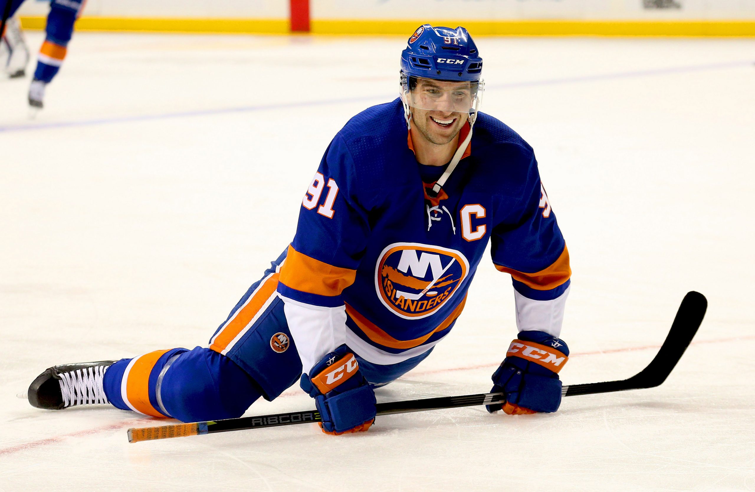 Feb 13, 2018; Brooklyn, NY, USA; New York Islanders center John Tavares (91) stretches during pregame warmups prior to the game against the Columbus Blue Jackets at Barclays Center. Mandatory Credit: Andy Marlin-USA TODAY Sports