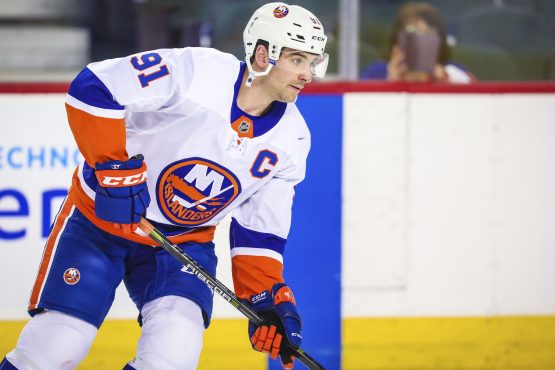 Mar 11, 2018; Calgary, Alberta, CAN; New York Islanders center John Tavares (91) skates during the warmup period against the Calgary Flames at Scotiabank Saddledome. Mandatory Credit: Sergei Belski-USA TODAY Sports
