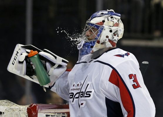 Mar 26, 2018; New York, NY, USA; Washington Capitals goaltender Philipp Grubauer (31) against the New York Rangers during the second period at Madison Square Garden. Mandatory Credit: Adam Hunger-USA TODAY Sports