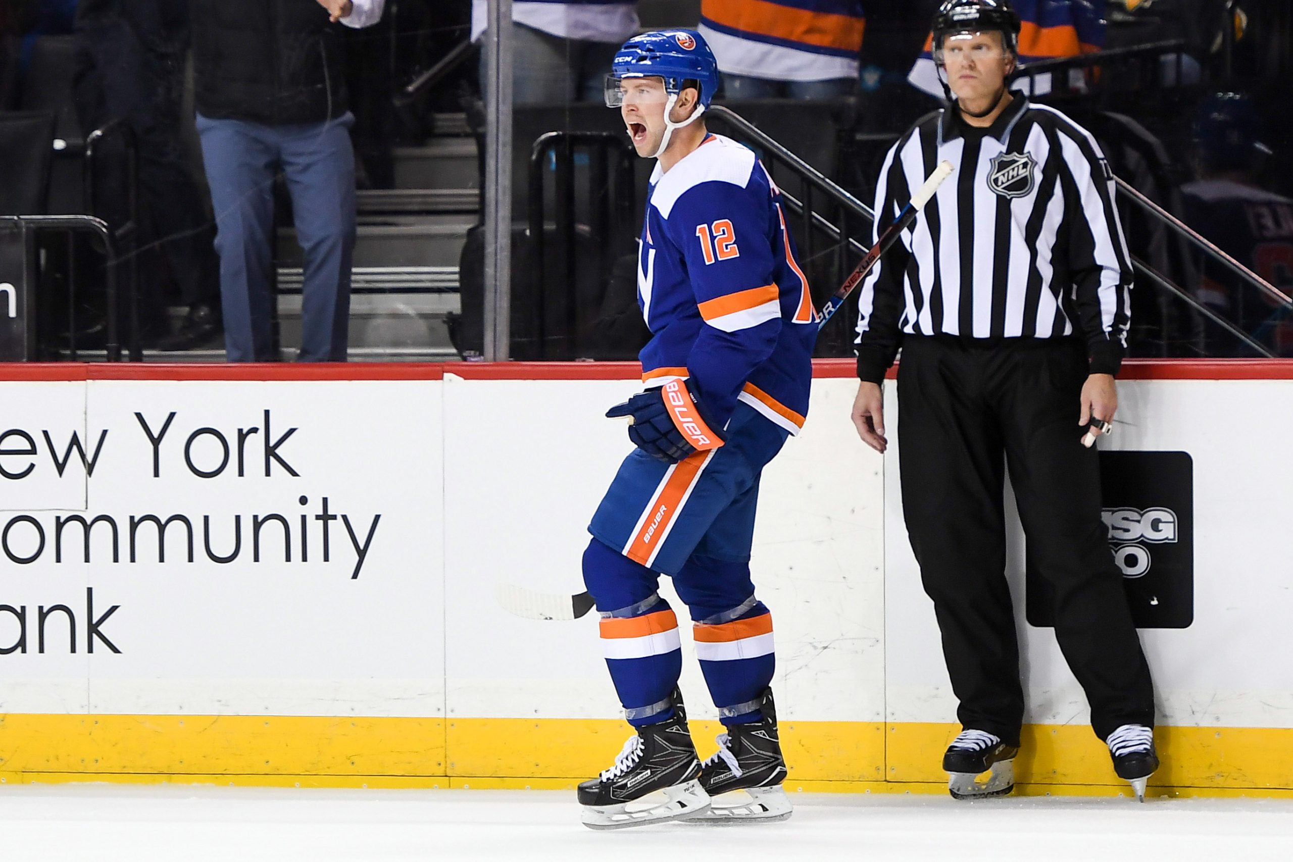 Nov 1, 2018; Brooklyn, NY, USA; New York Islanders right wing Josh Bailey (12) celebrates his goal against the Pittsburgh Penguins during the second period at Barclays Center. Mandatory Credit: Dennis Schneidler-USA TODAY Sports