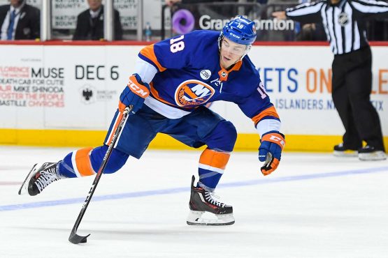 Nov 5, 2018; Brooklyn, NY, USA; New York Islanders center Anthony Beauvillier (18) accepts a pass across the blue against the Montreal Canadiens during the second period at Barclays Center. Mandatory Credit: Dennis Schneidler-USA TODAY Sports